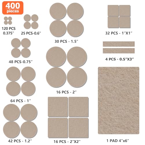 Felt Furniture Pads 400 Pieces, Furniture Pads for Hardwood Floors, Floor Protectors for Furniture Legs, Felt Pads for Furniture, Many Large Sizes Beige - size: 400pcs Beige