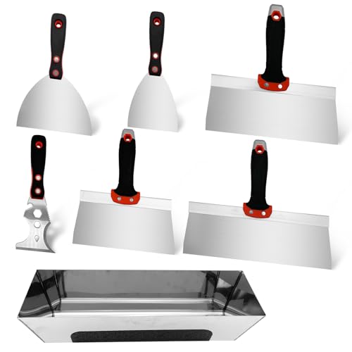 Drywall Hand Tool Kit, 7 Pcs Stainless Steel Drywall Knife Set with Soft Handle, Includes Putty Knife, Taping Knife, Painter Scraper Tool & 13" Mud Pan for Joint Taping, Finishing, Patching - color: Black, 7pcs