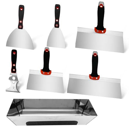 Drywall Hand Tool Kit, 7 Pcs Stainless Steel Drywall Knife Set with Soft Handle, Includes Putty Knife, Taping Knife, Painter Scraper Tool & 13" Mud Pan for Joint Taping, Finishing, Patching - color: Black, 7pcs