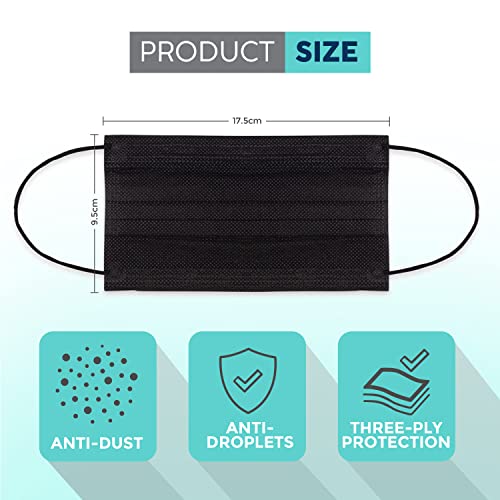 Hannah Linen Black Face Masks Disposable [50 PCS Value Pack] - 3 Ply Protection Safety Masks with Comfortable Nose Clip and Ear Loops