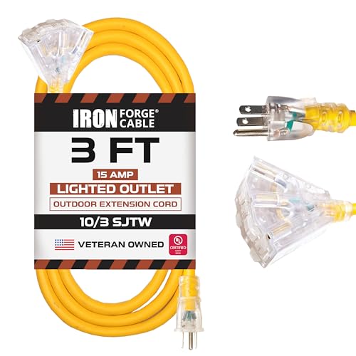 Iron Forge Cable 10 Gauge 3ft Lighted Outdoor Heavy Duty Extension Cord with 3 Outlets - 15 Amp 10/3 SJTW Yellow Extension Cord with Multiple Outlets - color: Yellow, size: 3 Foot
