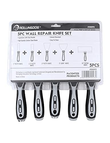 ROLLINGDOG 5 PC Putty Knife Set- Include 1", 3" and 5" Spackle Knife, 1.5" Chisel Scraper, 10" Taping Knife for Drywall Repair