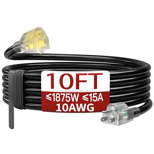 10 FT 10 Gauge Extension Cord Outdoor, Heavy Duty Weatherproof & Flame Retardant Black 3 Prong Power Cord with Light, Outside for Lawn & Garden, 15 Amps 1875 Watts 125 VAC 10AWG SJTW, ETL Listed - color: Black, size: 10FT, style: 10AWG