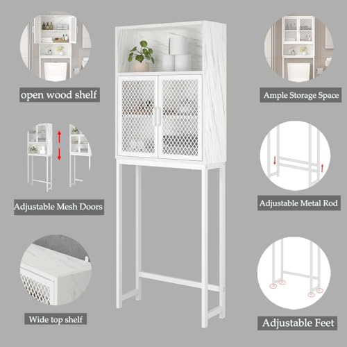 Launica Over The Toilet Storage Cabinet, Bathroom Organizer Over Toilet, Wood Metal Industrial Bathrooms Space Saver Shelf, Freestanding Bathroom Cabinet Above Toilet with Rack, White Marble - color: White Marble