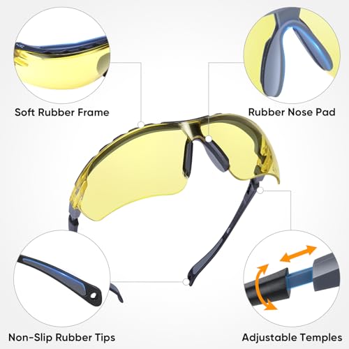 TICONN Anti-Fog Safety Glasses for Men and Women, ANSI Z87.1 Scratch Proof Eye Goggles with Adjustable Arms and UV Protection - style: 10 Pack/Yellow