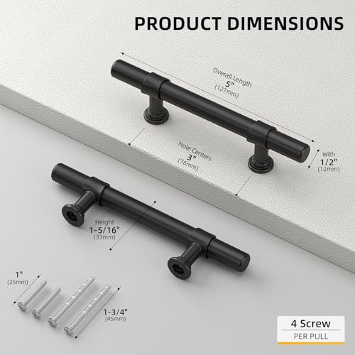 Goldenwarm 10 Pack Black Cabinet Pulls 3 Inch Drawer Pulls Black Cabinet Handles - LST18BK76 Kitchen Drawer Handles T Bar Hardware Kitchen Dresser Hardware for Cupboard Bathroom - color: Black, size: 3 in Hole Center (76mm)