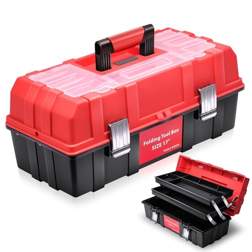 Auto Dynasty Tool Box Organizer Portable 3-layer Folding Toolbox with Non-slip Handle Tray for Garage, Workshop and On-the-Go Repairs, Red/Black - color: Red, size: 3-Layer