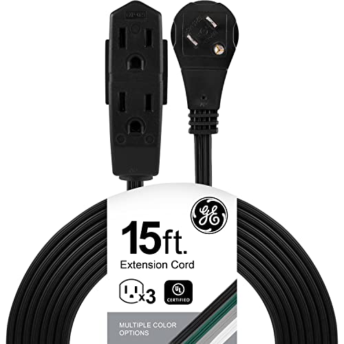 GE 3-Outlet Flat Extension Cord 15 Ft Grounded Extension Cord with Multiple Outlets 3 Prong Outlet Extender Flat Plug Indoor Power Strip 16 Gauge UL Listed Black, 56987 - color: Black, size: 15 Ft