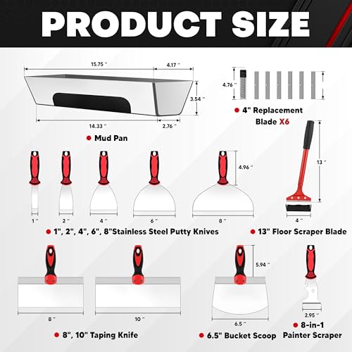 12PCS Drywall Tools Set - Stainless Steel Putty Kit with 1"-8" Knives, 8"-10" Taping Knife, 6.5" Bucket Scoop, 8-in-1 Painter Scraper, 12" Mud Pan, 13" Floor Scraper Blade with 4" Replacement Blades