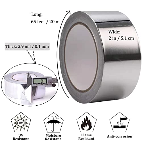 Aluminum Foil Duct Tape Heavy Duty Waterproof, Premium Silver Metal HVAC Heat Tapes (2"*65Feet,3.9mil), High Temperature, Dryer Vent Insulation Tape for Ductwork, Ducting, Sealing, Patching, Furnace - size: 1-Pack