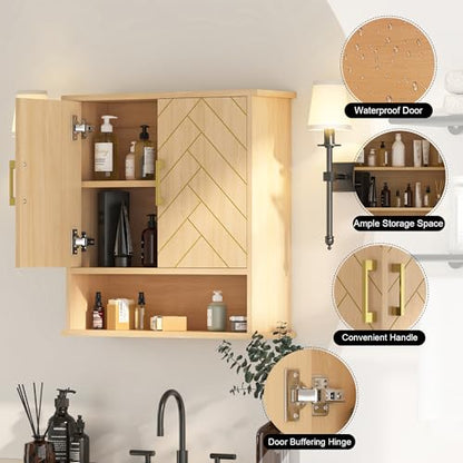 Natural Chevron Pattern Bathroom Wall Mount Cabinet, Gold Accent Hanging Medicine Cabinet with Open Shelf, Over The Toilet Storage Organizer for Home (23 5/8" x 22 7/8" x 7 1/8") - style: Chevron Pattern-Natural