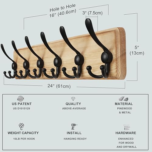 Dseap Coat Rack Wall Mounted - 24" Long 6 Tri Hooks, Heavy Duty Wooden Wall Coat Hanger Coat Hook for Clothes Hat Jacket Clothing, Weathered Light Natural and Black, Pack of 2 - color: Light Brown & Black, size: L=24"