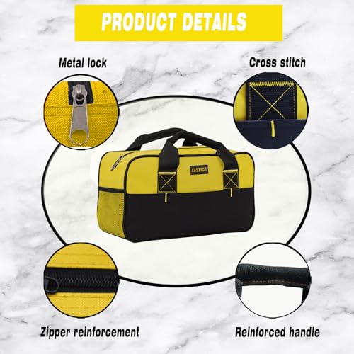 FASTECH 14 Inch Zipper Tool Bag, Small Wide Mouth Tool Tote Bag, Waterproof Tool Organizer Tote, Soft Handle Carrying Toolbag For Various Tools (Yellow) - size: Yellow