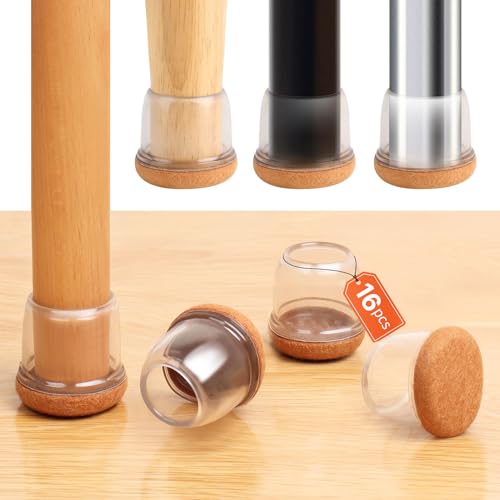 Silicone Chair Leg Floor Protectors with Felt, 16PCS Folding Card Table and Chairs End Tips Chair Leg Caps for Hardwood Floor, Clear Metal Furniture Feet Floor Protectors(Round, Fit:0.75"-1.1") - size: M-16PCS-(Fit:0.75-1.1 inch)-Clear