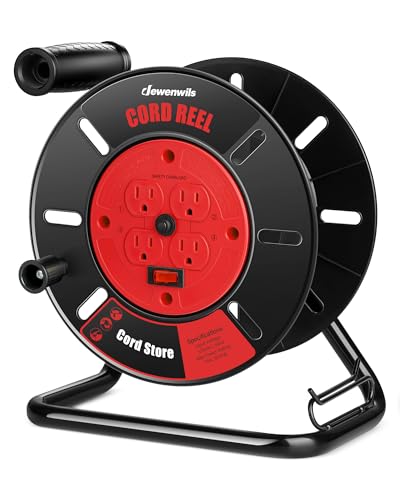 DEWENWILS Extension Cord Storage Reel with 4-Grounded Outlets, Heavy Duty Open Cord Reel for 12/3,14/3,16/3 Gauge Power Cord, Hand Wind Retractable, 15A Circuit Breaker, Rocker Power Switch - color: 15a/1875w-red