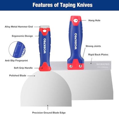 WORKPRO Drywall Tools, Stainless Steel Taping Knife 8 in 1 Painting Scraper with Mud Pan, Spackle Knife Set for Drywall Repairing, Paint Scraping and Wallpaper Removing