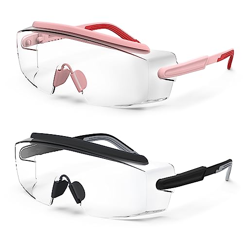 Anti Fog Safety Glasses Safety Goggles Over Glasses Protective Glasses with Anti Scratch Lenses Adjustable - color: 2 Pack (Pink + Black)