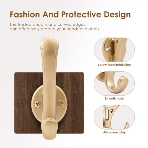20 Pack Heavy Duty Coat Hooks Wall Mount, Brushed Gold Wall Coat Hooks, Decorative Double Hook for Hanging Coats, Hat, Scarf, Bag, Clothes, Towel, Key, Robe, Cap (Gold)