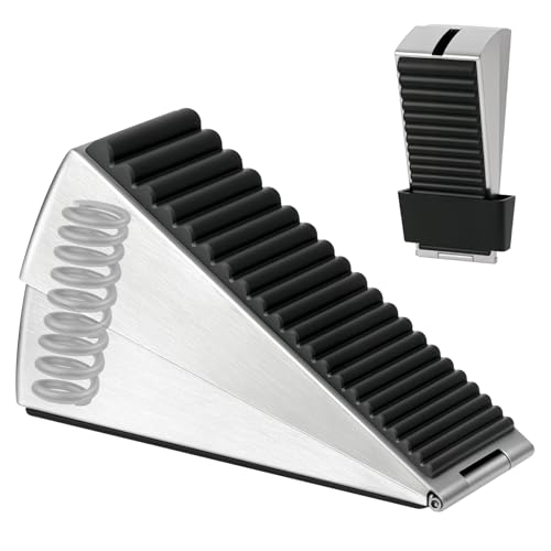Heavy Duty Large Door Stoppers, Adjustable Spring Loaded Tall Doorstop Jammer Rubber Door Stopper Wedge with Storage Holder for Any Heavy Doors up to 3" Gap, Silver - color: Silver