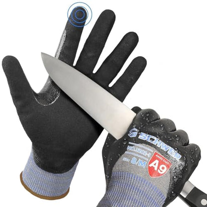 Schwer ANSI A9 Cut/Abrasion Resistant Gloves for Heavy Duty Work, 18 Gauge 3/4 Double Dipped Nitrile Coating for Construction, Gardening, Water & Oil Proof, Anti Slip, Touch Screen, PM3202, Black, M - size: Medium