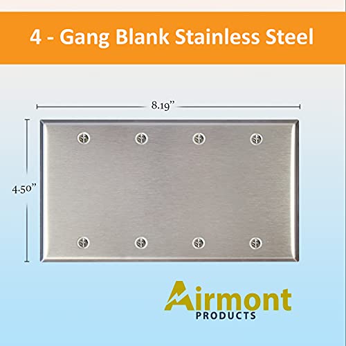 AP-10414, Stainless Steel Blank Wall Plate, 4 Gang Standard Size 4.50" x 8.19" Corrosion and Heat Resistant, Unbreakable Metal, Silver, Cover Unused Electrical Sockets or Switch Holes - size: 4 Gang