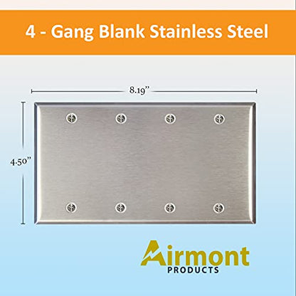 AP-10414, Stainless Steel Blank Wall Plate, 4 Gang Standard Size 4.50" x 8.19" Corrosion and Heat Resistant, Unbreakable Metal, Silver, Cover Unused Electrical Sockets or Switch Holes - size: 4 Gang