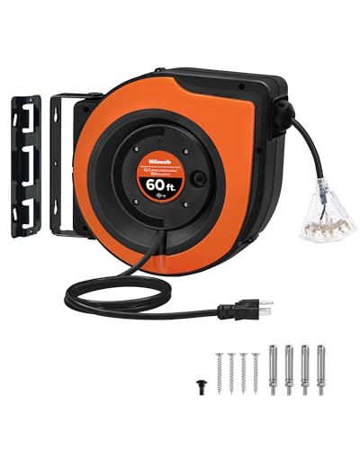 Retractable Cord Reel, 60 FT Heavy Duty Extension Cord, 12AWG/3C SJTOW, 3 Grounded Outlets Lighted Triple Tap, 15A Circuit Breaker, Wall/Ceiling Mounted, UL Listed, Orange B60CR06 - color: Orange