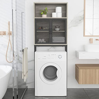 Launica Bathroom Space Saver, Over The Toilet Storage Cabinet, Metal and Wood Industrial Organizer Stand Above Toilet, Freestanding Rack Behind Toilet with Shelf, Light Grey Oak - color: Light Grey Oak