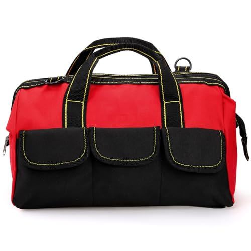 Hiceeden 16 Inch Wide Mouth Tool Bag, Collapsible Tool Tote with Waterproof Coating and Adjustable Strap, Portable Electrician Tool Organizer Handbag with 5 Outside Pockets, Red