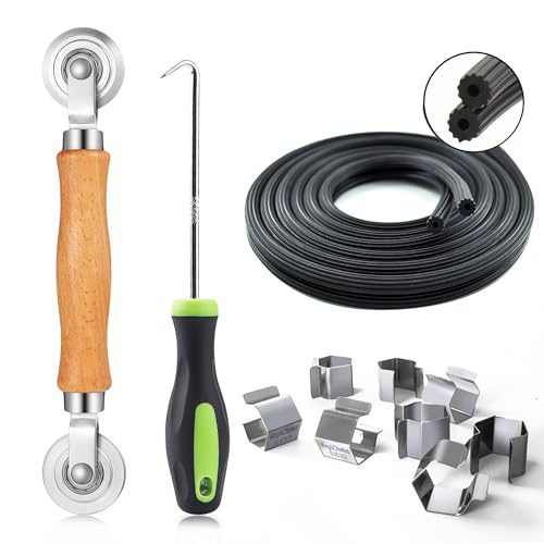 Screen Repair Kit, King&Charles 4 in 1 Screen Roller Tools with Bearing & Removal Hook & Clips(8 pcs) & Spline(32 ft) and User Manual, for Install/Replace Door Window Mesh - size: 4 in 1