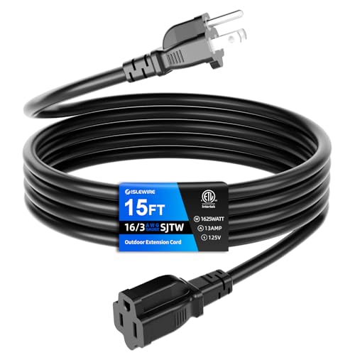 15 FT Outdoor Extension Cord Waterproof, Black, 3-Prong Power Cord, 16 AWG SJTW, 13A 1625W, Grounded, General Purpose Long Extension Cord for Lawn & Garden, ETL Listed - size: 15FT