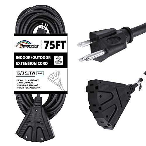 3-Outlets Indoor Outdoor Extension Cord Weatherproof, UL Certified, 16 Gauge 75FT Black 3 Prong Heavy Duty, 16/3 SJTW 10A Power Cord - color: Black, size: 75FT