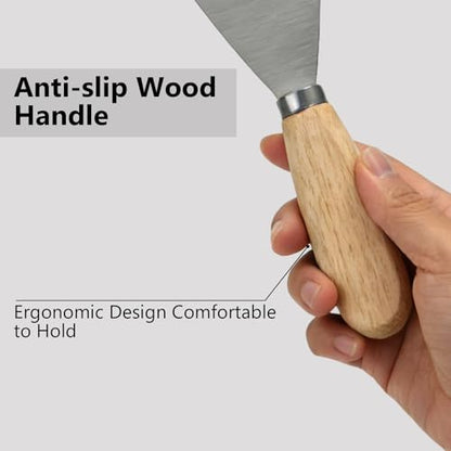 5pcs Putty Knife, Stainless Steel Scraper 1” 2” 3” 4” 5” Spackle Knife Perfect Tool for Repairing Drywall Removing Wallpaper Mud Plaster Scraping (wood)
