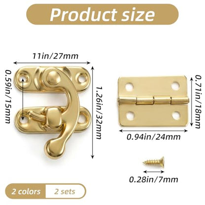 2 Set Retro Design Jewelry Box Hinges and Latches Antique Right Latch Hook and Vintage Hinge Hardware with Matching Screws, Small Hinges for Wooden Boxs Jewelry Ring Box DIY Hand Craft(Bronze, Yellow)