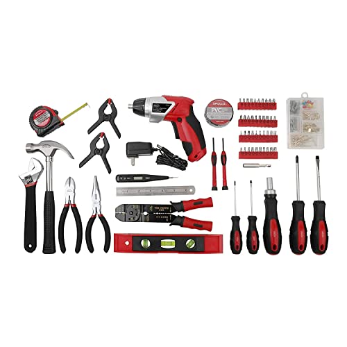 Apollo Tools 161-Piece Complete Household Tool Set with 3.6 Volt Lithium-Ion Cordless Screwdriver and Most Needed Hand Tools Selection for Boats, Vehicle and Garage - Red - DT0739