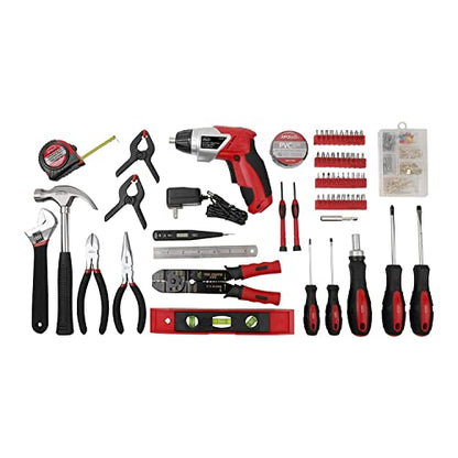 Apollo Tools 161-Piece Complete Household Tool Set with 3.6 Volt Lithium-Ion Cordless Screwdriver and Most Needed Hand Tools Selection for Boats, Vehicle and Garage - Red - DT0739