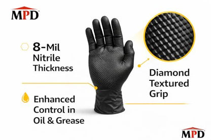 MPD Cobra Guard PRO Black 8-Mil Nitrile Gloves, Diamond Textured Torque Grip. - size: Large, style: Cases of 10x100