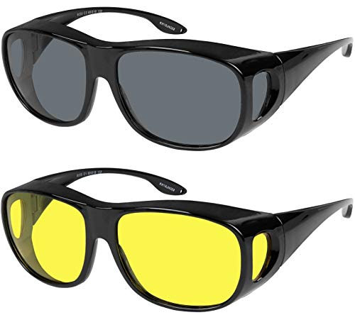 Fit Over Wrap Sunglasses Polarized Lens Wear Over Eyeglasses 100% UV Protection for Men and Women - color: Yellow Night Driving Lens and Smoke Lens