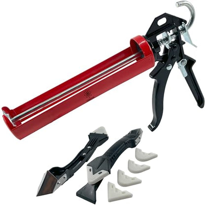 – KBX65 – Heavy Duty - 360 Swivel Barrel Caulking Gun – 26:1 Thrust – Quick Release Trigger – Dripless - 10 oz Professional Manual Caulk Gun – (9) Piece Tool Kit – Qty (1)