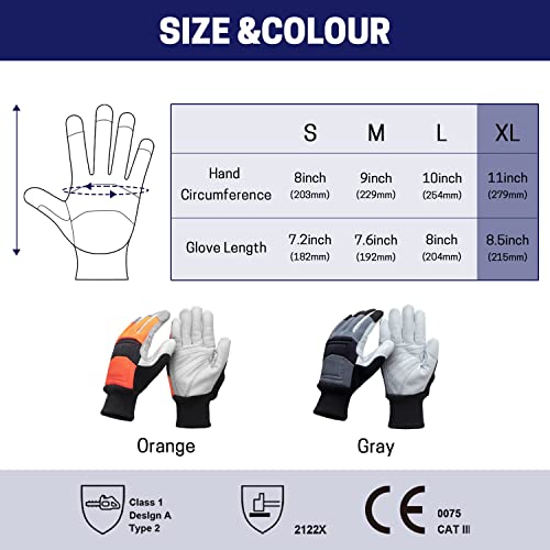 Chainsaw Safety Gloves, Chainsaw Protective Work Gloves, Cut Resistant Gloves, 12-Layer Protection on Left Hand Only - color: X-large Orange