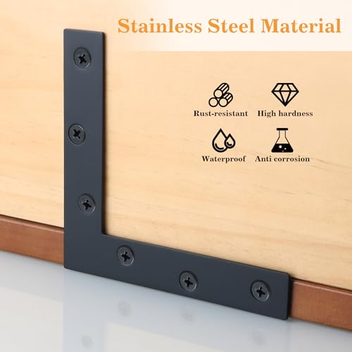 Mooche L Flat Brackets for Wood, Corner Bracket Black Corner Brace Mending Plate Repair Stainless Steel Flat Braces for Tables Chairs Sofas Beds Cabinets Doors (10Pack L-Shaped 120mmX120mm Black)