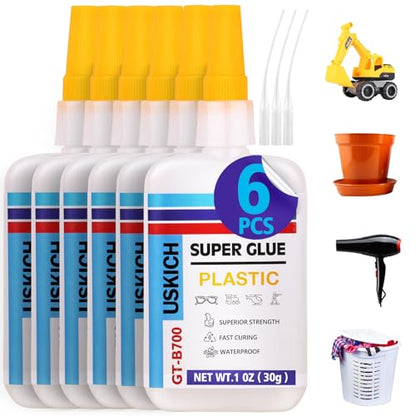 Super Glue for Plastic with Anti Clog Cap. 6 x 1 fl oz,Plastic Glue- Adhesive CA Glue for Model and Miniature,Suitable for PLA, ABS,PVC,3D Printing,Toys,Legos.Heavy Duty Model Repair Kit, Quick Dry - style: Plastic-Glue