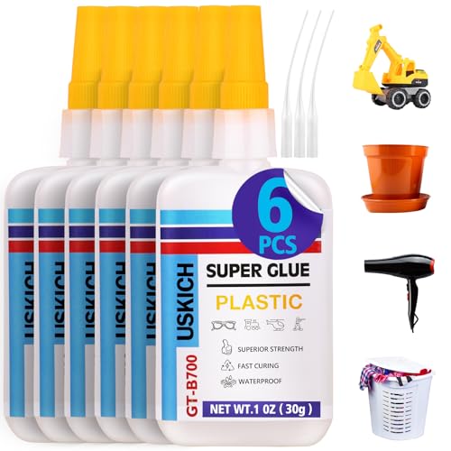 Super Glue for Plastic with Anti Clog Cap. 6 x 1 fl oz,Plastic Glue- Adhesive CA Glue for Model and Miniature,Suitable for PLA, ABS,PVC,3D Printing,Toys,Legos.Heavy Duty Model Repair Kit, Quick Dry - style: Plastic-Glue