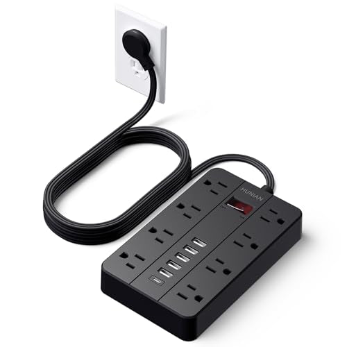 Power Strip Surge Protector, HUNIAN Flat Plug 10 Ft Long Extension Cord with 8 Widely Spaced Outlets 6 USB (1 USB C Port), Wall Mount Charging Station for Home and Office - color: Black, size: 10FT