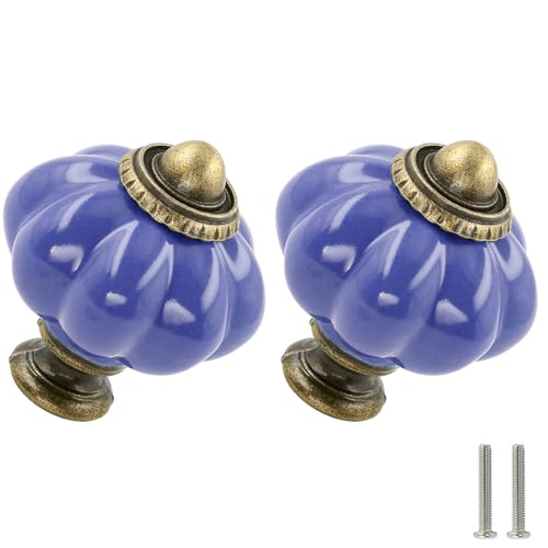 Periwinkle Blue Pumpkin Knobs 2 Pack Ceramic Cabinet Knobs Vintage Drawer Pulls - Antique Dresser Pulls with Screws for Closet Drawer Cupboard Cabinet and DIY Home Project - color: Periwinkle Blue
