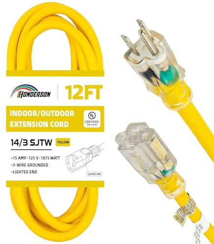 Indoor Outdoor Extension Cord Weatherproof with Lighted End, UL Certified, 14 Gauge 12FT Yellow 3 Prong Heavy Duty, 14/3 SJTW 15A Power Cord for Outdoor Lights, Lawn - size: 12FT, style: 14/3