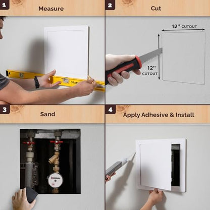 Morvat Access Panel 12x12 Inch for Drywall & Ceiling with Door, Heavy-Duty Durable ABS Plastic & Easy Install Access Box, Wall Hole Cover Plate for Plumbing & Electrical Cables & Wiring, White, 4 Pack - size: 12x12 - 4PK