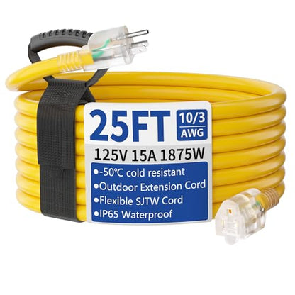 25ft Outdoor/Indoor Extension Cord with Lighted 10/3 Gauge Ultra 3 Prong Heavy Duty SJTW, Waterproof, Flexible Cold-Resistant,15A 125V 1875W, Yellow - size: 25FT