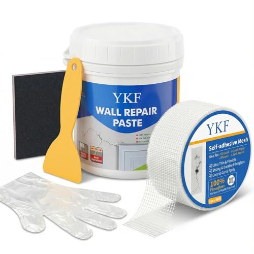 YKF Drywall Repair Kit (18 oz) - Spackle Paste with Scraper & Self-Adhesive Mesh - Quick Dry Waterproof Wall Repair for Holes, Cracks, Nail Holes, Dents - White - style: 18 oz Kit (with Scraper & Mesh Tape)