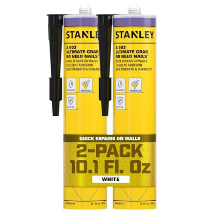 Stanley A603 Ultimate No Nail Grab Adhesive - Instant Grab Construction Adhesive for Window and Door, Drywall, Plaster Panel, Parquet Skirtings and DIY Decorations, 10.1 fl. oz. 2 Pack - size: 10.1 Fl Oz (Pack of 2)